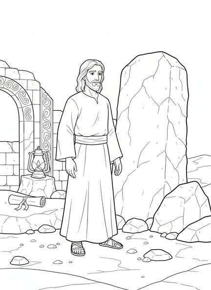 Jesus steht in der Wüste, Ausmalbild zur Versuchung Jesu für Sonntagsschulkinder im Alter von 5-12 Jahren