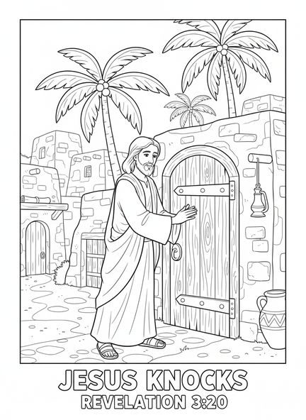 Jesús tocando la puerta, página para colorear de Jesús La Puerta para niños de Escuela Dominical de 5 a 12 años.