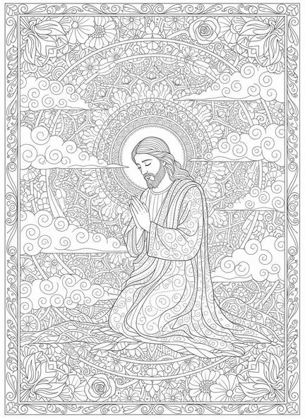 Jesus orando, página de colorir da Transfiguração de Jesus no Monte Tabor para adultos no estilo de journaling bíblico.