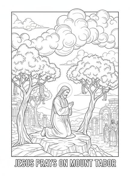 Jesús orando, página para colorear de la Transfiguración de Jesús en el Monte Tabor para niños de Escuela Dominical de 5 a 12 años