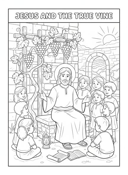 Jesús enseñando sobre la verdadera vid, página para colorear de Jesús la Verdadera Vid para niños de Escuela Dominical de 5 a 12 años.
