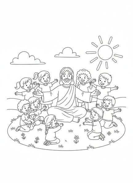 Jésus avec des enfants rassemblés, page à colorier Jésus avec des enfants pour les 5-10 ans.