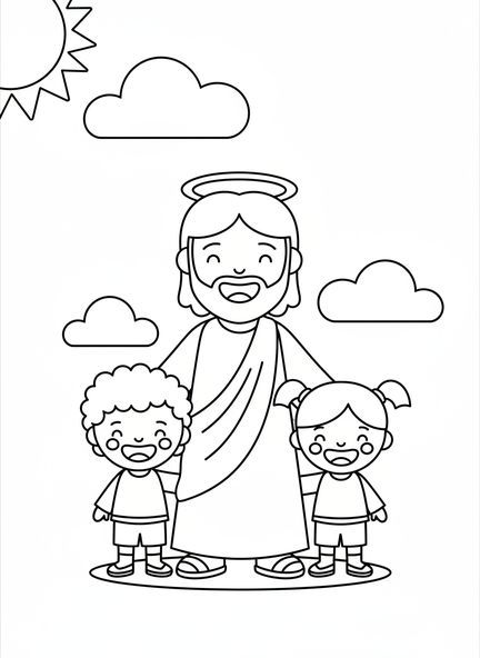 Jésus souriant avec deux enfants, page à colorier Jésus avec les enfants pour les préscolaires de 3 à 5 ans.
