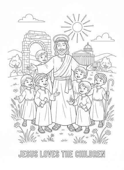 Jesús sonriendo con niños, página para colorear de Jesús con niños para la Escuela Dominical para niños de 5 a 12 años.