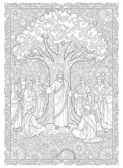 Jesús enseñando a la multitud, página para colorear de Jesús con los discípulos en estilo de journaling bíblico para adultos.