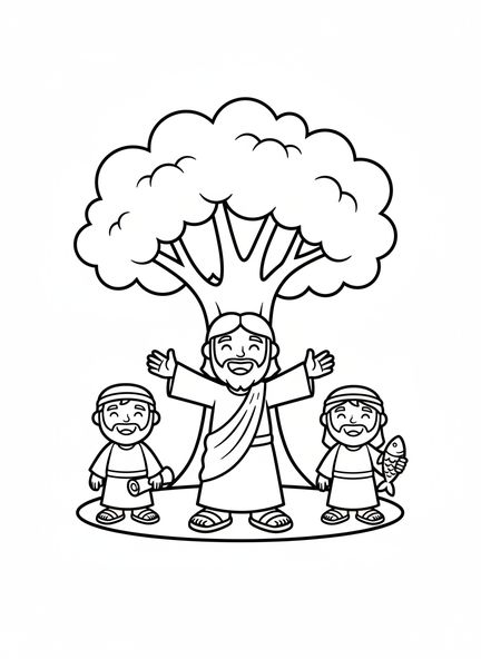 Jesús sonriente, página para colorear de Jesús con los discípulos para niños de 3 a 5 años