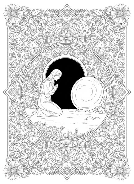 Jeanne devant le tombeau ouvert, page à colorier pour adultes dans le style du journal biblique