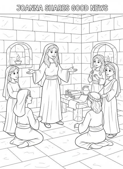 Joanna spricht zu Frauen, Ausmalbild von Joanna für Sonntagsschulkinder im Alter von 5-12 Jahren.