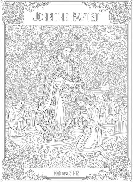 Juan el Bautista bautizando a sus seguidores, página para colorear de Juan el Bautista estilo journaling bíblico para adultos