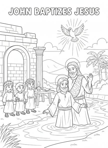 San Juan Bautista bautizando a Jesús, página para colorear de San Juan Bautista para niños de Escuela Dominical de 5 a 12 años.