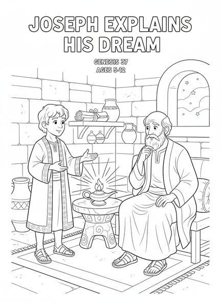 Joseph expliquant ses rêves, page à colorier sur le rêve de Joseph pour les enfants de l'École du dimanche âgés de 5 à 12 ans