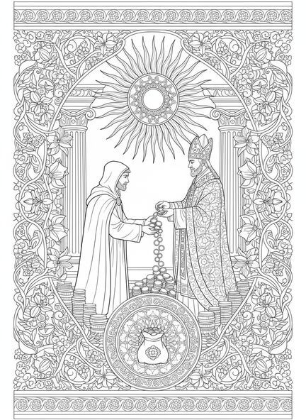 Judas Iscariote recibiendo monedas, página para colorear de Judas Iscariote estilo journaling bíblico para adultos.