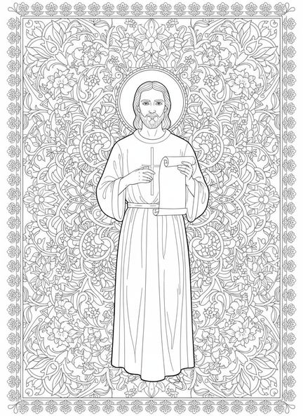 Judas Thaddäus predigt mit Schriftrolle, Ausmalbild für Erwachsene im Stil des Bibel-Journalings.