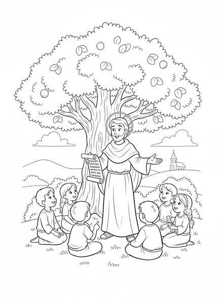 Judas Thaddäus mit Schriftrolle, Ausmalbild von Judas Thaddäus, dem Apostel, für Kinder im Alter von 5-10 Jahren.