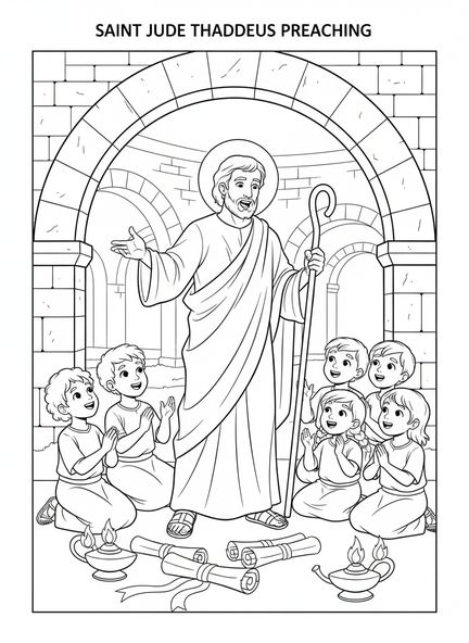 Judas Tadeo predicando, página para colorear del Apóstol Judas Tadeo para niños de la Escuela Dominical de 5 a 12 años.