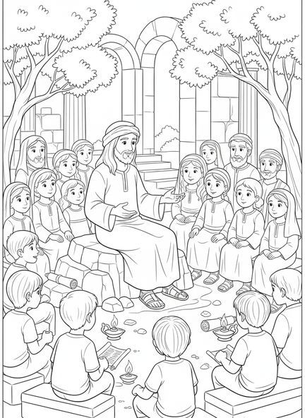 Jesus ensinando uma multidão, página para colorir do Reino dos Céus para crianças da Escola Dominical de 5 a 12 anos.