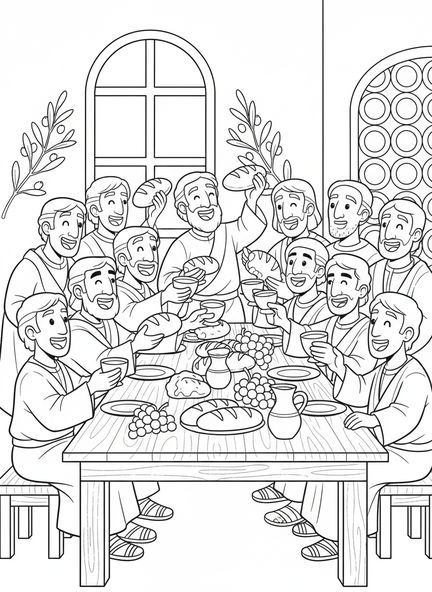 Disciples partageant de la nourriture, page à colorier de la Dernière Cène avec Jésus rompant le pain pour les enfants de 5 à 10 ans