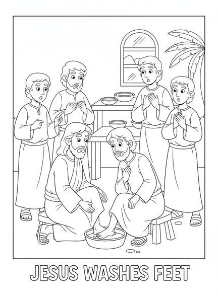 Discipulos sorprendidos, página para colorear de la Última Cena con Jesús lavando los pies, para niños de 5 a 10 años.