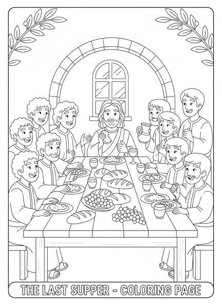 Jesús en la mesa, Última Cena Jesús con 12 Discípulos en una página para colorear para niños de 5 a 10 años.