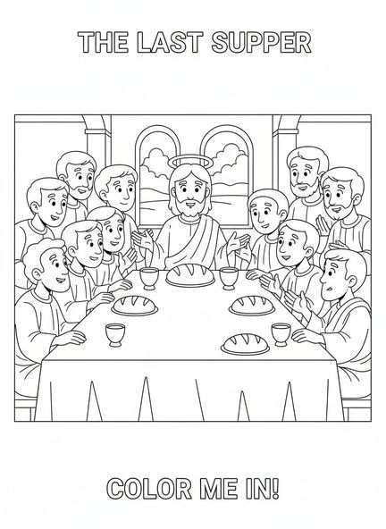 Jesus sitzt an einem Tisch, Letztes Abendmahl Judas verlässt den Tisch Malvorlage für Kinder im Alter von 5-10 Jahren