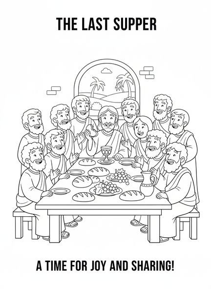 Jesus und die Jünger, Ausmalbild vom letzten Abendmahl für Kinder im Alter von 5-10 Jahren