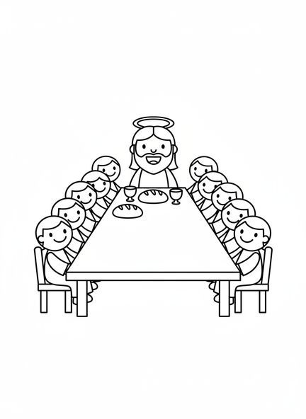 Jesus und seine Jünger, Ausmalbild vom letzten Abendmahl für Vorschulkinder im Alter von 3-5 Jahren