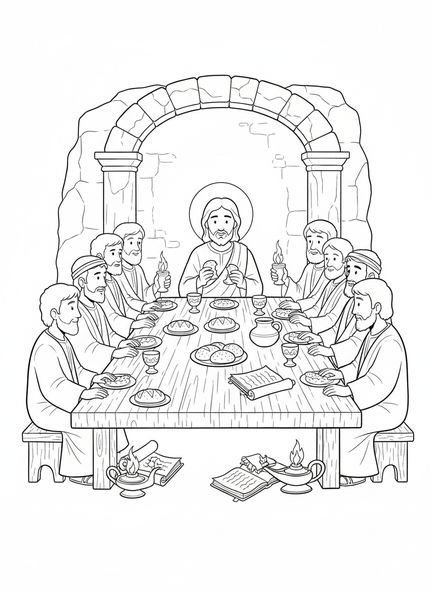 Jesus am Tisch, Ausmalbild vom letzten Abendmahl für Sonntagsschulkinder im Alter von 5-12 Jahren.