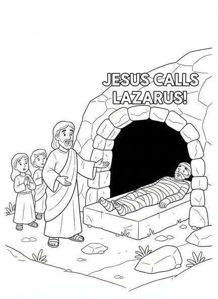 Jesus ruft Lazarus, Lazarus kommt heraus Malvorlage für Kinder im Alter von 5-10 Jahren