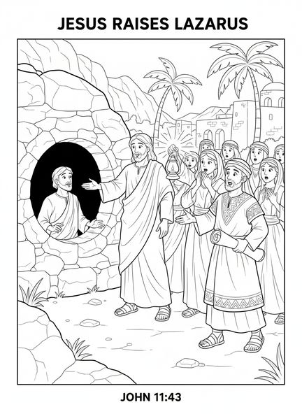Jesus ruft Lazarus, Ausmalbild für Kinder in der Sonntagsschule im Alter von 5-12 Jahren.