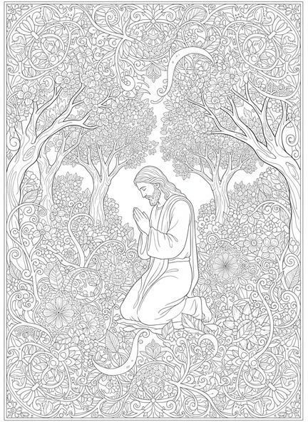 Jésus à genoux, page à colorier de la prière du Seigneur pour adultes dans un style de journal biblique