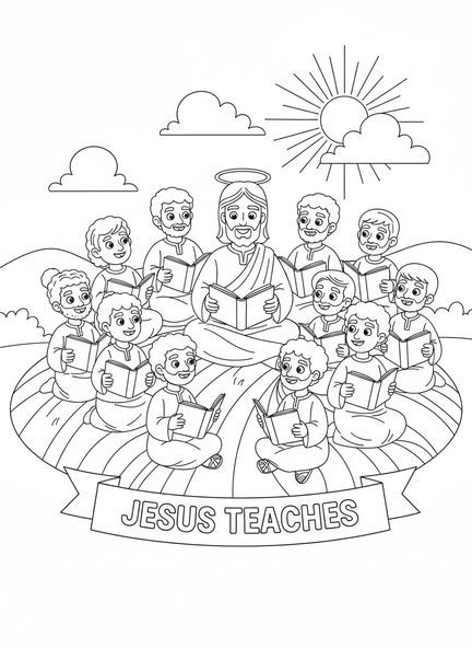 Jésus enseignant ses disciples, page à colorier sur la prière du Seigneur pour les enfants de 5 à 10 ans