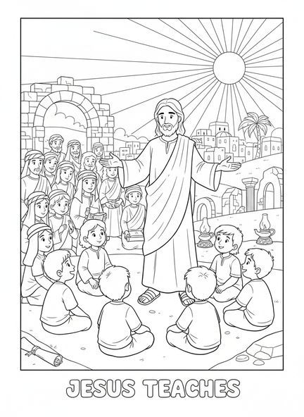 Jésus enseignant une foule, page à colorier de la prière du Seigneur pour les enfants de l'École du dimanche âgés de 5 à 12 ans.
