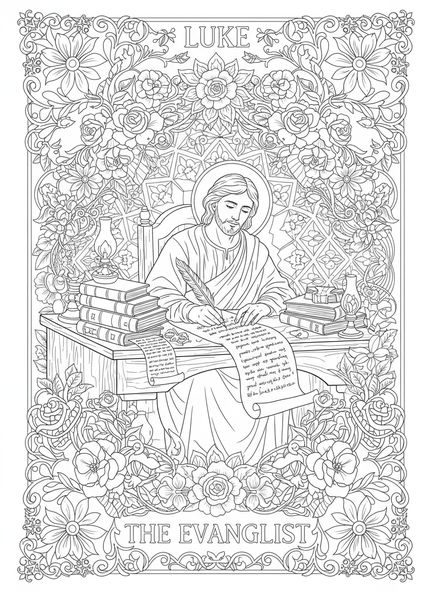 Der Evangelist Lukas beim Schreiben, Ausmalbild für Erwachsene im Bibel-Journaling-Stil