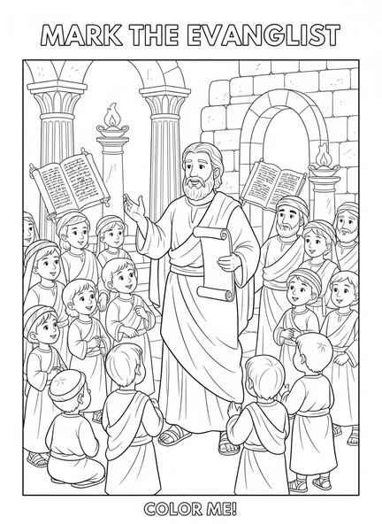 Marcos pregando para uma multidão, página de colorir do Evangelista Marcos para crianças da Escola Dominical de 5 a 12 anos.
