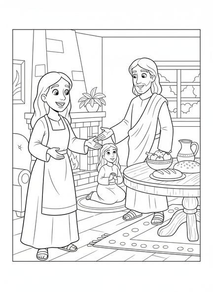 Marta recibiendo a Jesús, página para colorear de Marta para niños de 5 a 10 años.
