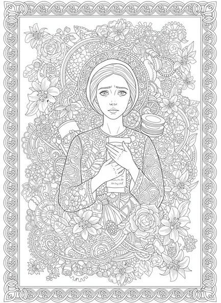 Martha préoccupée par le service, page à colorier Marie et Martha dans un style de journal biblique pour adultes.