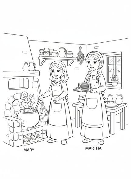 Marie remuant une casserole, page à colorier Marie et Marthe pour les enfants de 5 à 10 ans