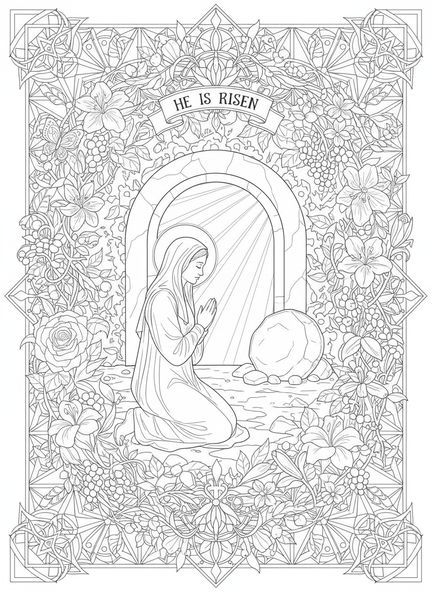 Maria Magdalena kniet, Ausmalbild von Maria Magdalena für Erwachsene im Bibel-Journaling-Stil.