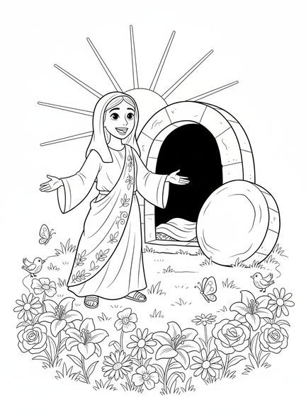 Maria Magdalena am offenen Grab, Ausmalbild von Maria Magdalena für Kinder im Alter von 5-10 Jahren.