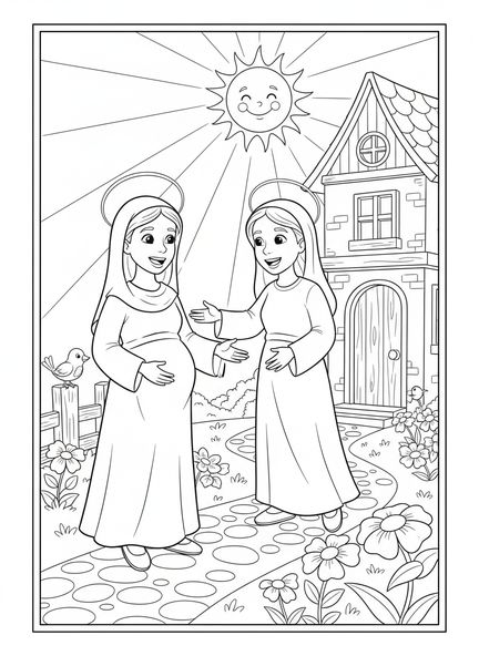Marie s'approchant joyeusement, page à colorier Marie rend visite à Élisabeth pour les enfants de 5 à 10 ans