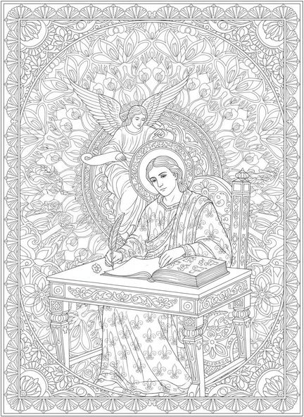 Matthäus beim Schreiben, Ausmalbild für Erwachsene im Stil des Bibel-Journalings