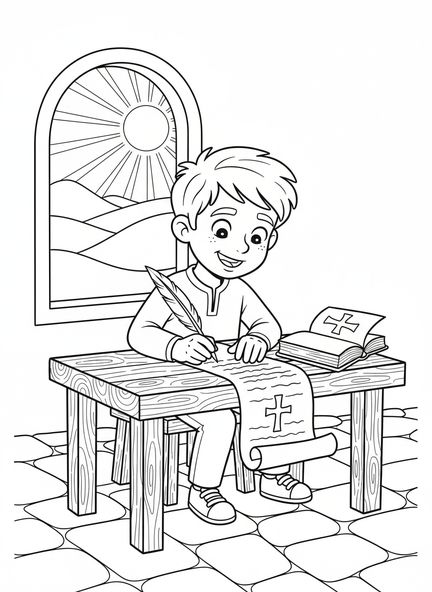 Mateo en una mesa, página para colorear de Mateo Evangelista para niños de 5 a 10 años.