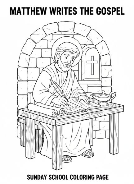 Matthäus schreibt das Evangelium, Ausmalbild für die Sonntagsschule für Kinder im Alter von 5-12 Jahren.
