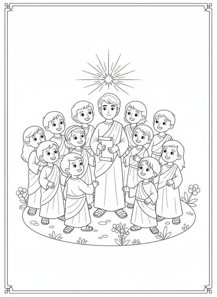 Matthias steht mit den Aposteln, Ausmalbild von Apostel Matthias für Kinder im Alter von 5-10 Jahren.
