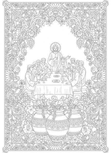 Jesús en la fiesta de bodas, página para colorear del milagro del agua en vino en estilo de journaling bíblico para adultos.