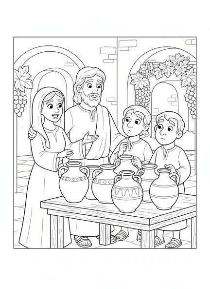 Jesús y los sirvientes, página para colorear del milagro Agua en Vino para niños de 5 a 10 años