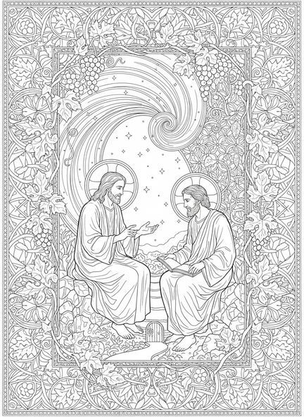 Nicodème la nuit, page à colorier de Nicodème pour adultes dans le style du journal biblique