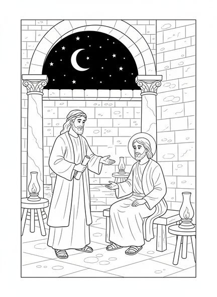 Nicodème rencontrant Jésus la nuit, page à colorier de Nicodème pour les enfants de l'École du dimanche âgés de 5 à 12 ans