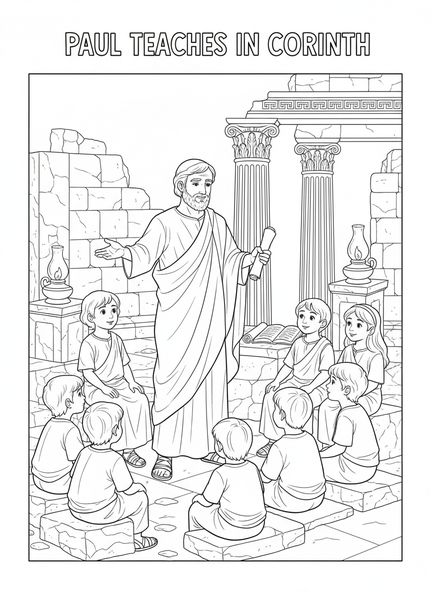 Paulus lehrt Kinder, Ausmalbild von Paulus in Korinth für Sonntagsschulkinder im Alter von 5-12 Jahren.