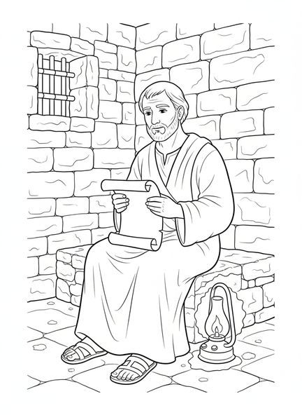 Paulus im Gefängnis, Ausmalbild von Paulus in Rom für Kinder der Sonntagsschule im Alter von 5-12 Jahren.